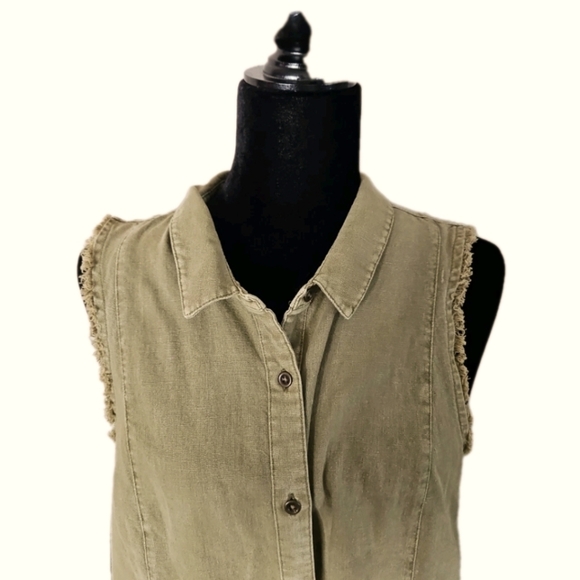 Free People Womens Olive Green Linen Distressed Tank M - Picture 7 of 13